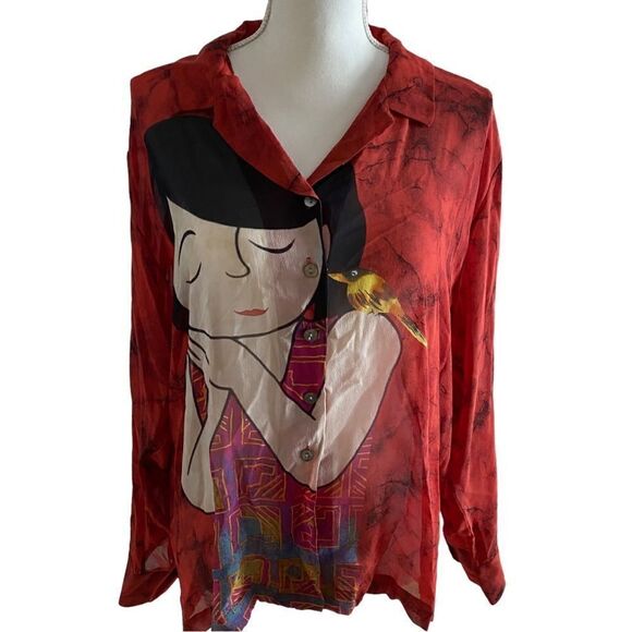 Chico’s Red Silk Graphic Asian Print Blouse Size Large NWT - Picture 1 of 11